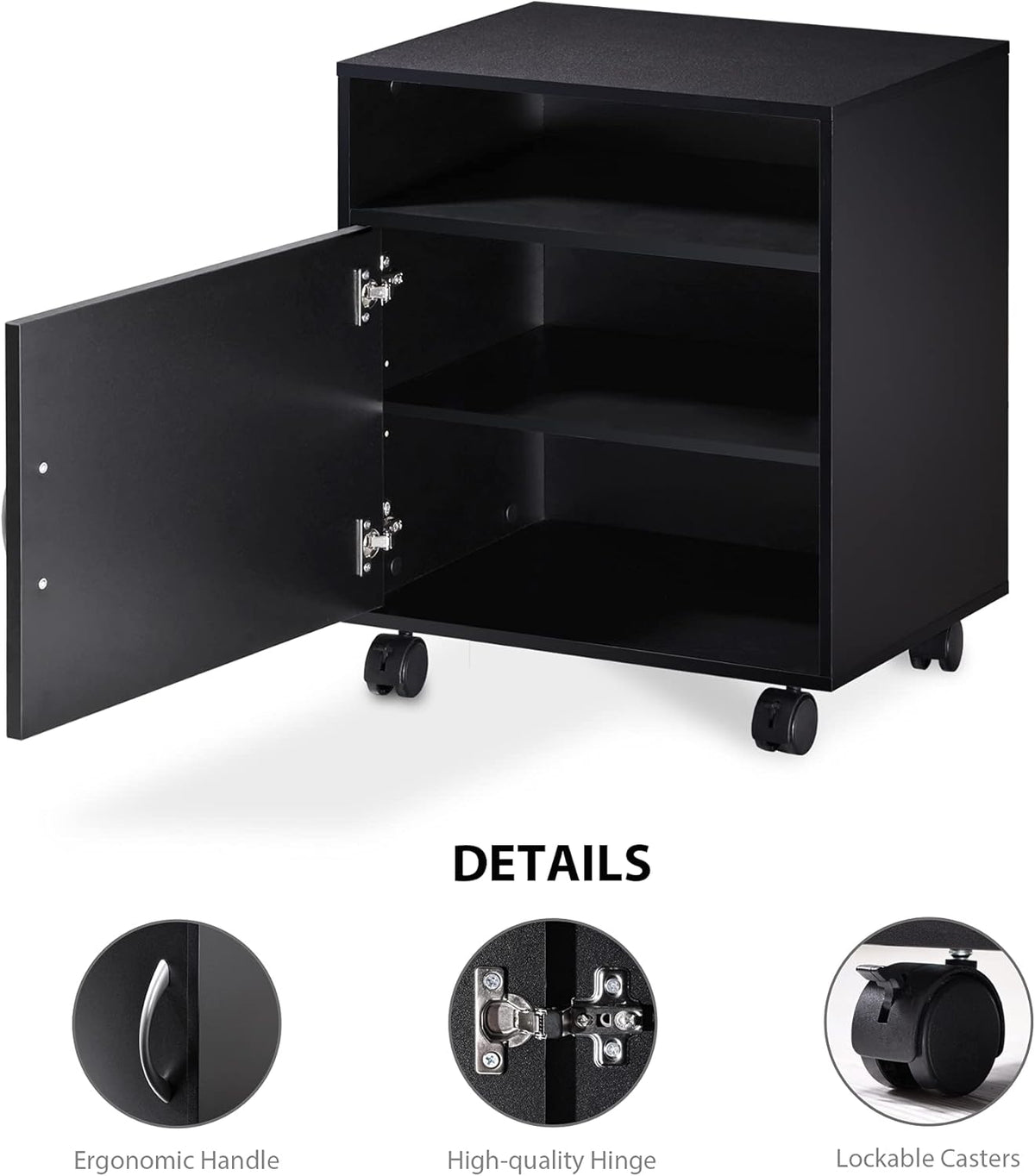 Mobile Black Wood Printer Stand with Storage Shelves and Wheels Q5251