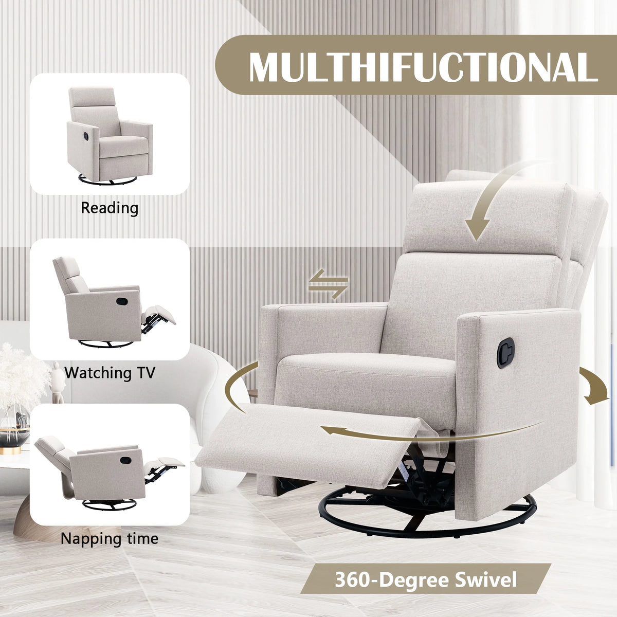 Tan Upholstered Swivel Recliner Chair N519