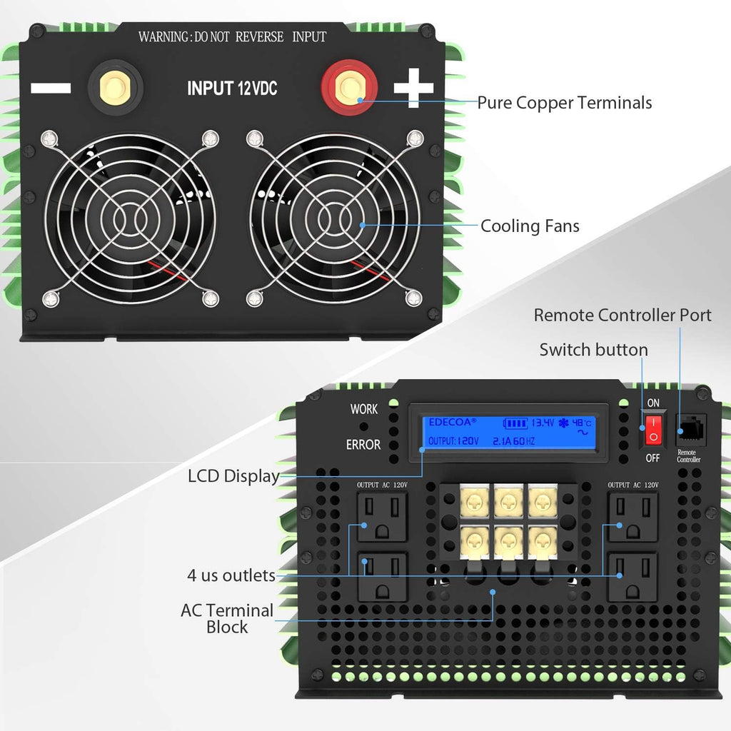 3500W Pure Sine Wave Power Inverter DC 12V to AC 120V with LCD Display and Remote Controller K70444