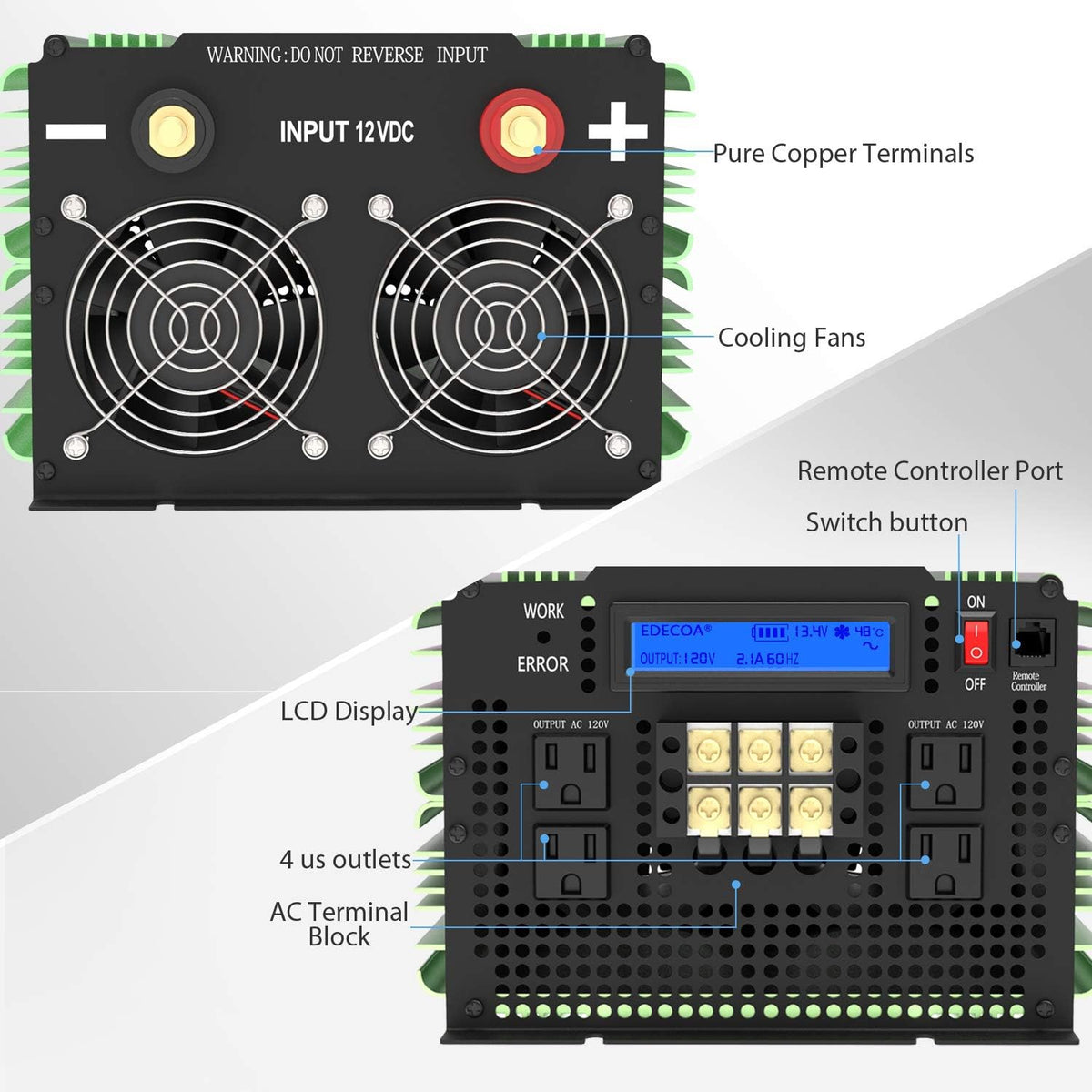 3500W Pure Sine Wave Power Inverter DC 12V to AC 120V with LCD Display and Remote Controller K70444