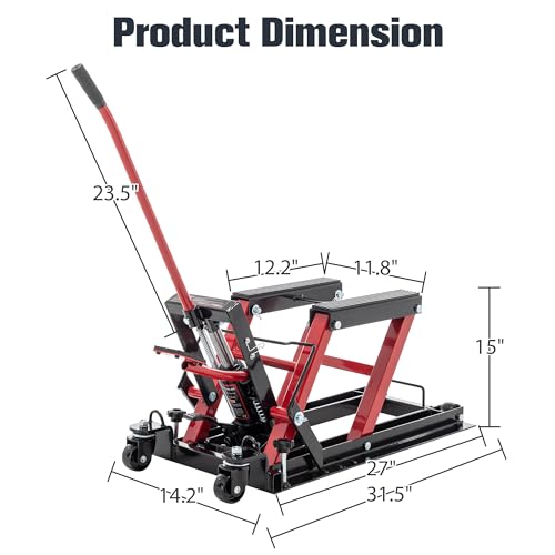 Red Hydraulic Motorcycle Lift Jack 1500 LBS Capacity, Foot-Operated Scissor Lift Table, Adjustable Height S6085