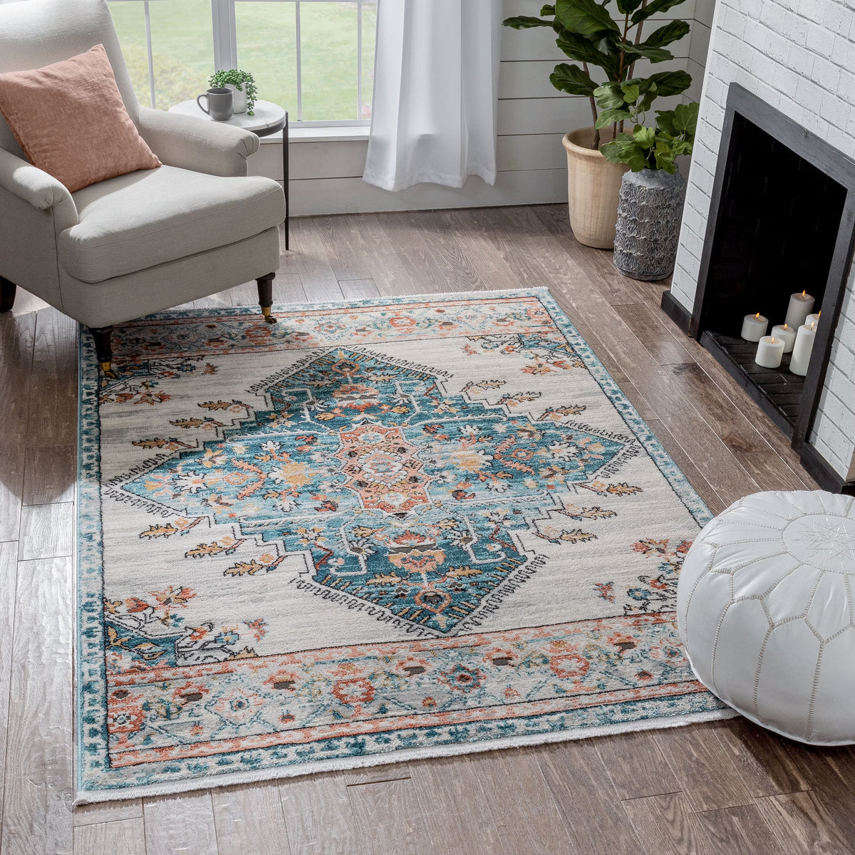 Blue Ivory Vintage Oriental Medallion Area Rug O564236