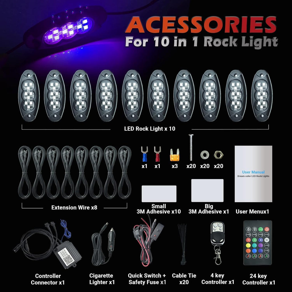 10 Pods RGB Rock Lights for Trucks, Multicolor Chasing Neon Underglow Lights Kits with APP/Remote Control & Music Mode, Waterproof IP68 Pack of 2 V566836