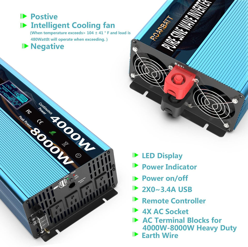 4000Watt 12V DC to AC 110V 120V Power Inverter with Remote Control 4 AC Outlets Dual USB Port C43338