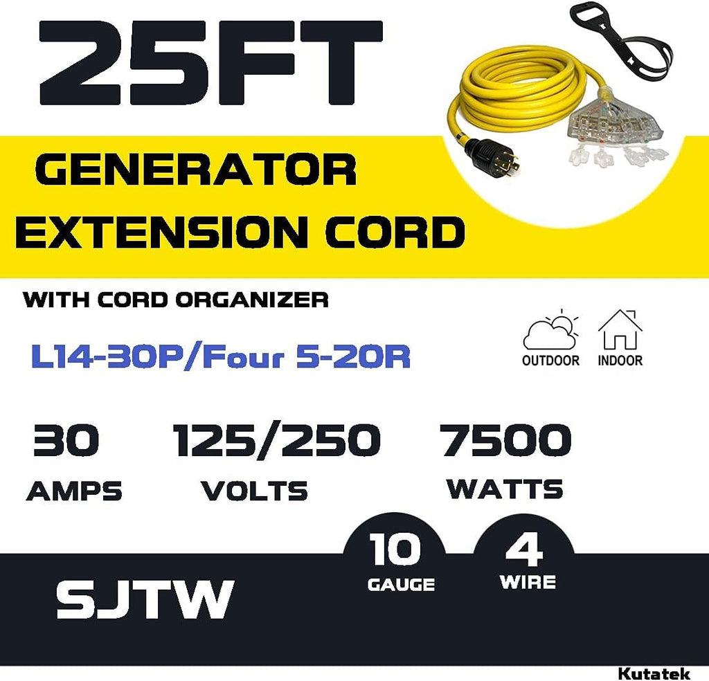 40Ft L14-30P to Four 5-20R 30 Amp Generator Power Cord V93647