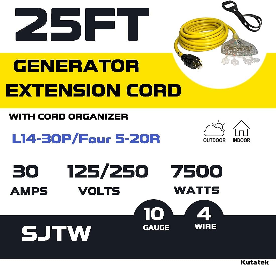 40Ft L14-30P to Four 5-20R 30 Amp Generator Power Cord V93647