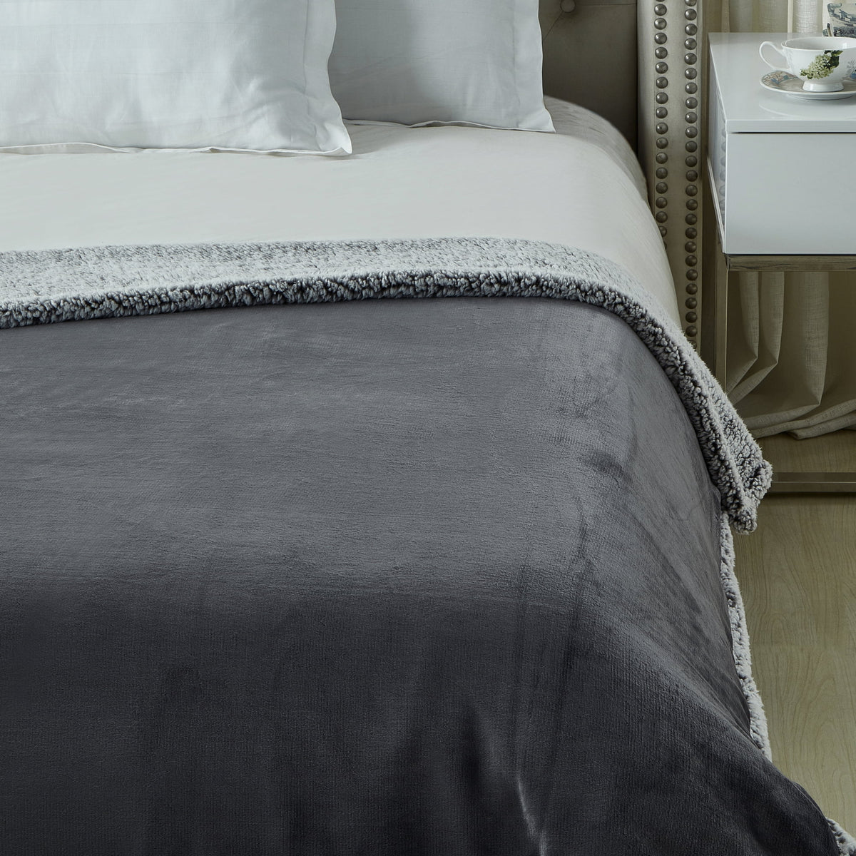 Flannel Reversible Sherpa Throw Blanket 90"x 90" Dark Grey N7963