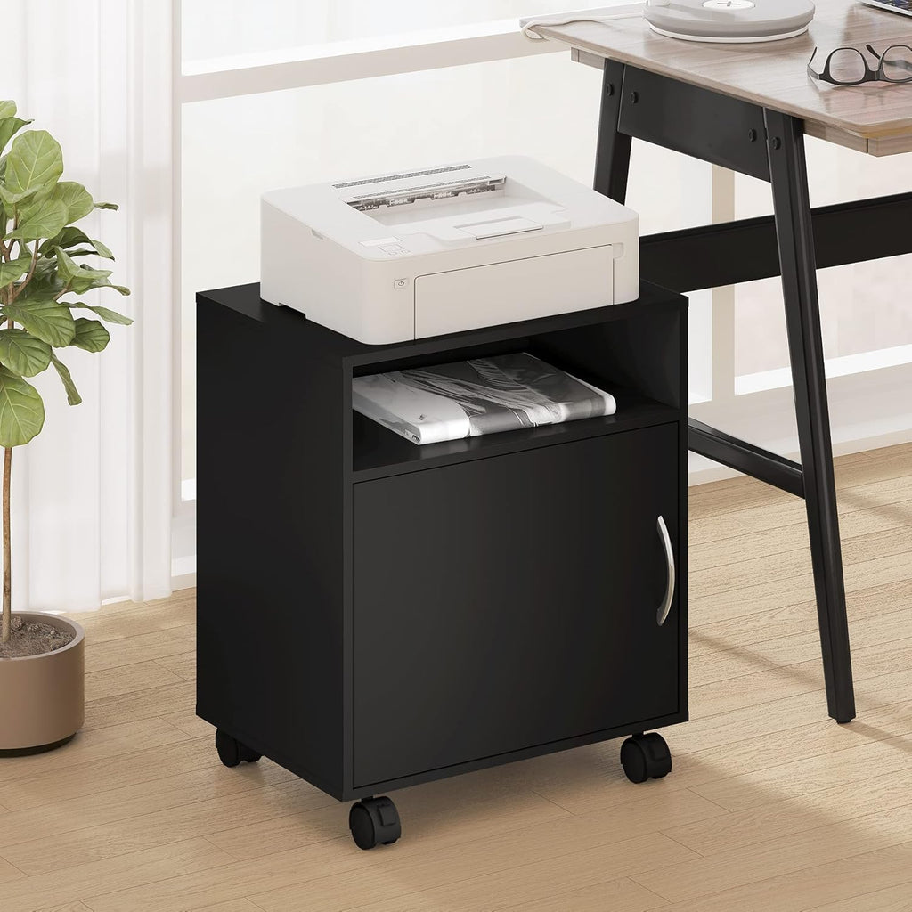 Mobile Black Wood Printer Stand with Storage Shelves and Wheels Q5251