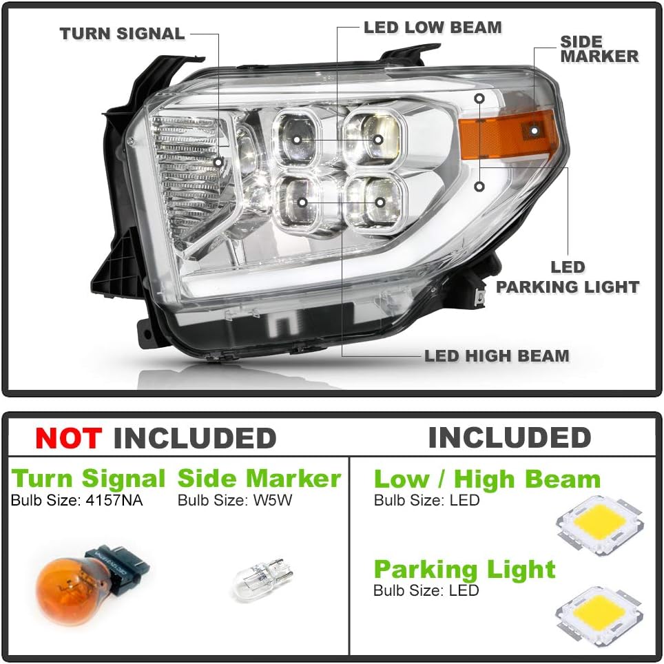 Chrome LED Quad Projector Headlights Headlamps for 2014-2017 Toyota Tundra SR SR5 L4250