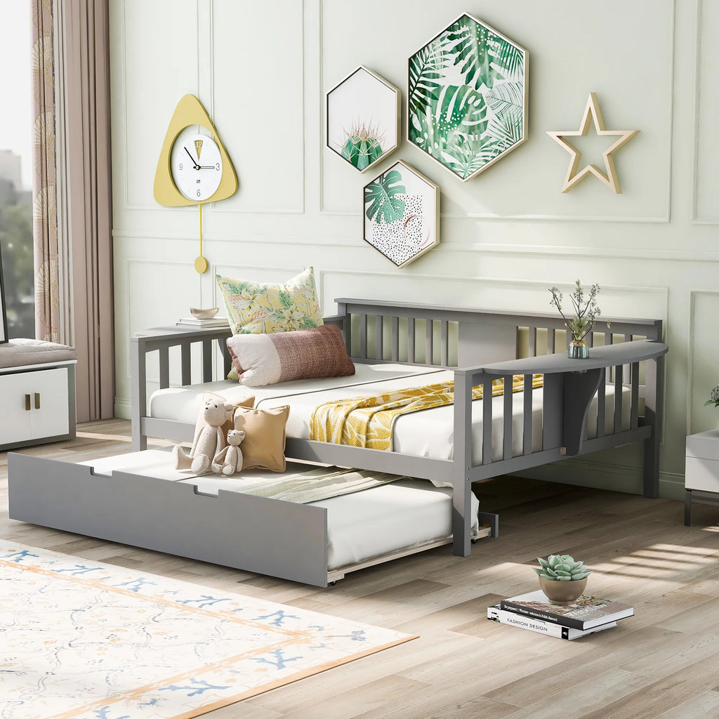 Grey Full Size Wood Bed Frame with Casters G3518