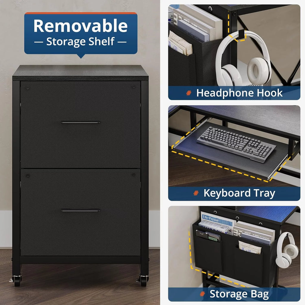 L Shaped Desk with Storage Shelves, File Drawer, Power Outlet, LED Light, Black Q39234
