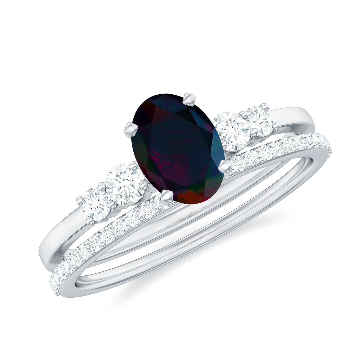 Oval Black Opal Solitaire Ring Set with Diamond, 925 Sterling Silver K1130