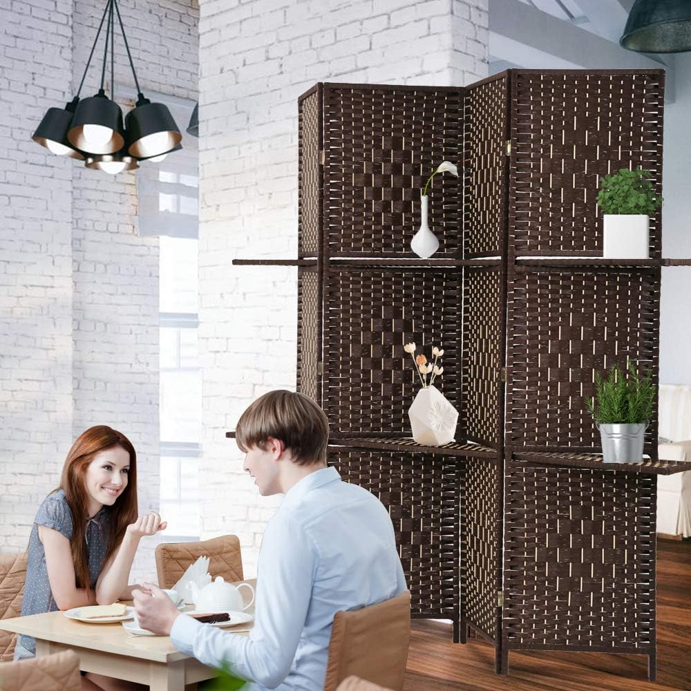 6 FT Tall Extra-Wide Folding Privacy Partition with 2 Shelves Brown C4334