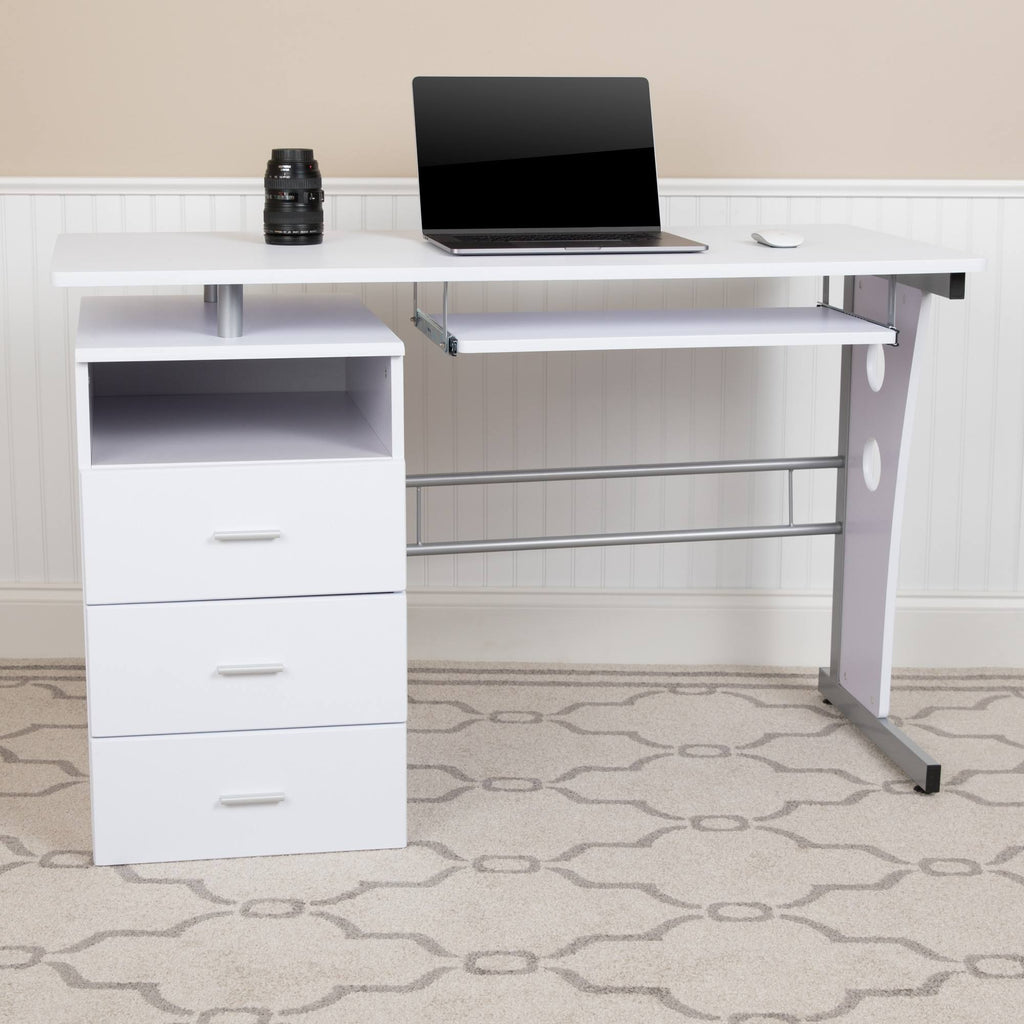 White Desk with Three Drawer and Pull-Out Keyboard Tray D245