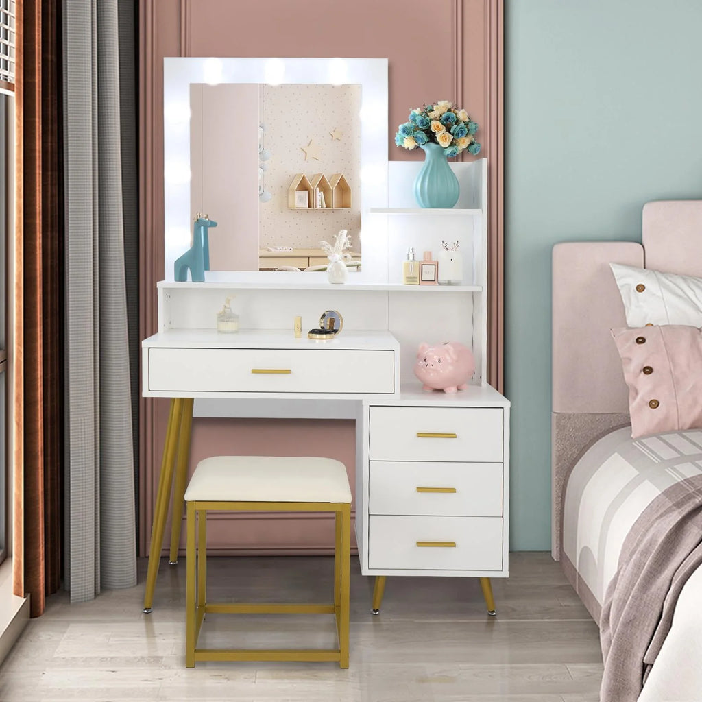 White Vanity Table Set with Lighted Mirror and 4 Drawers J4504