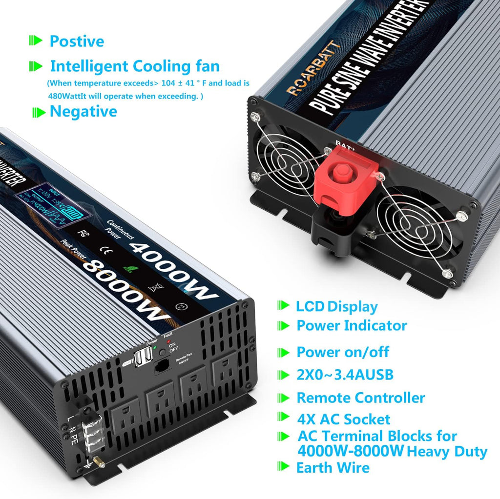 4000Watt 12V DC to AC 110V 120V Power Inverter with Remote Control 4 AC Outlets Dual USB Port C43338