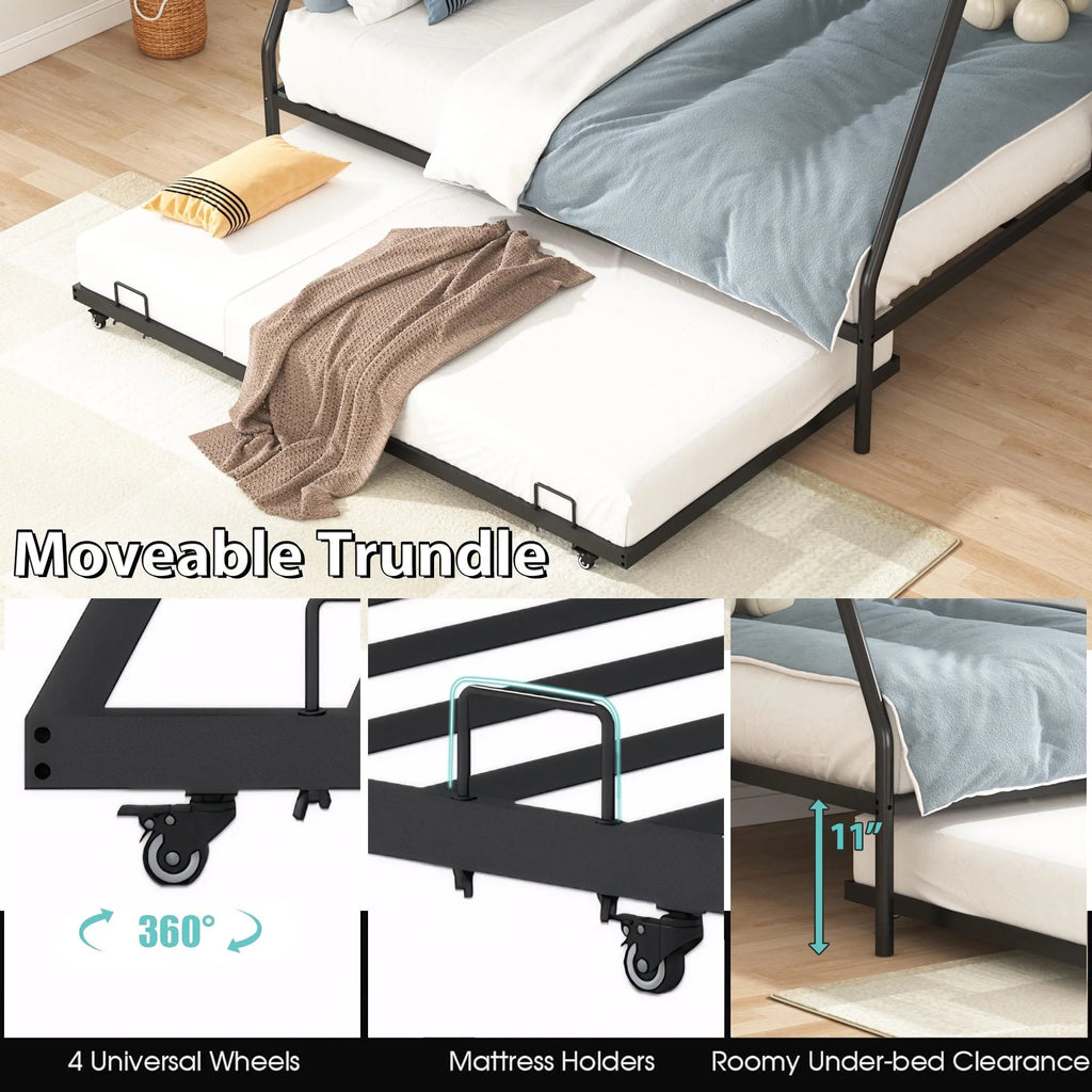 Black Metal Twin Over Twin Bunk Bed with Trundle F68713