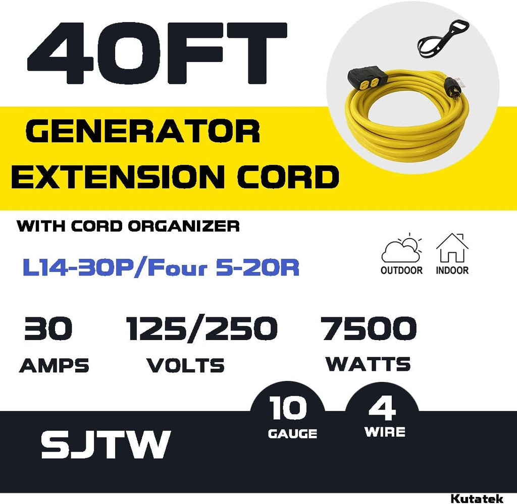 40Ft L14-30P to Four 5-20R 30 Amp Generator Power Cord V93647