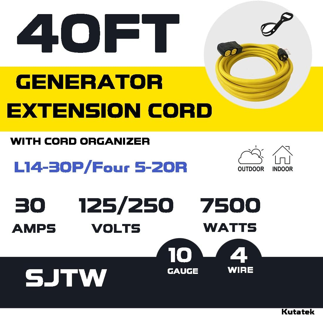 40Ft L14-30P to Four 5-20R 30 Amp Generator Power Cord V93647