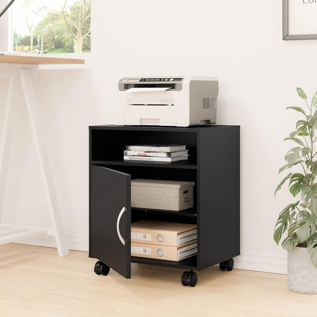 Mobile Black Wood Printer Stand with Storage Shelves and Wheels Q5251
