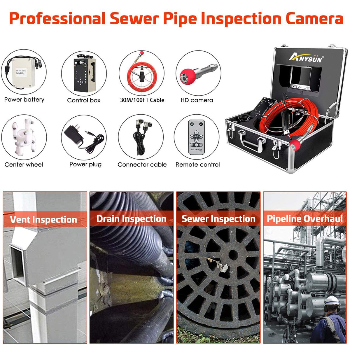 100ft Sewer Camera with Distance Counter DVR 7 inch LCD Monitor IP68 H708