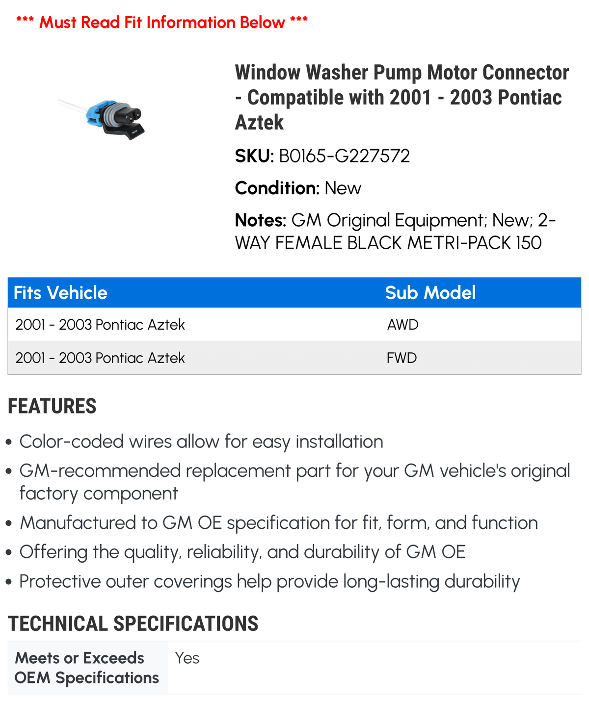 Window Washer Pump Motor Connector J16411
