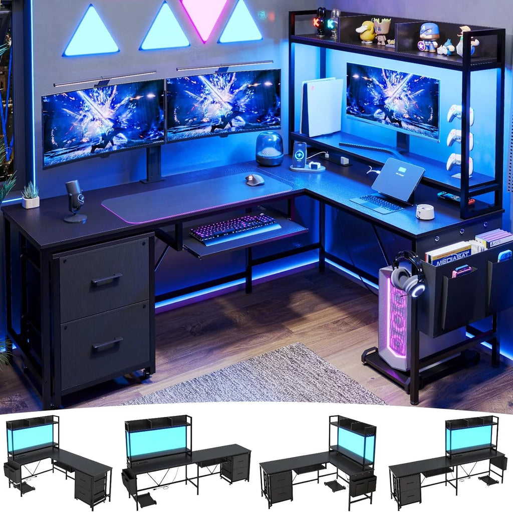L Shaped Desk with Storage Shelves, File Drawer, Power Outlet, LED Light, Black Q39234
