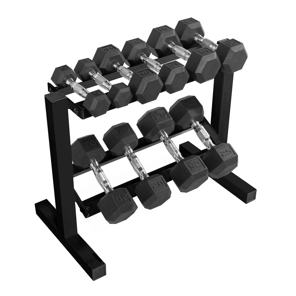 150 lb Coated Rubber Hex Dumbbell Weight Set with Rack N86753