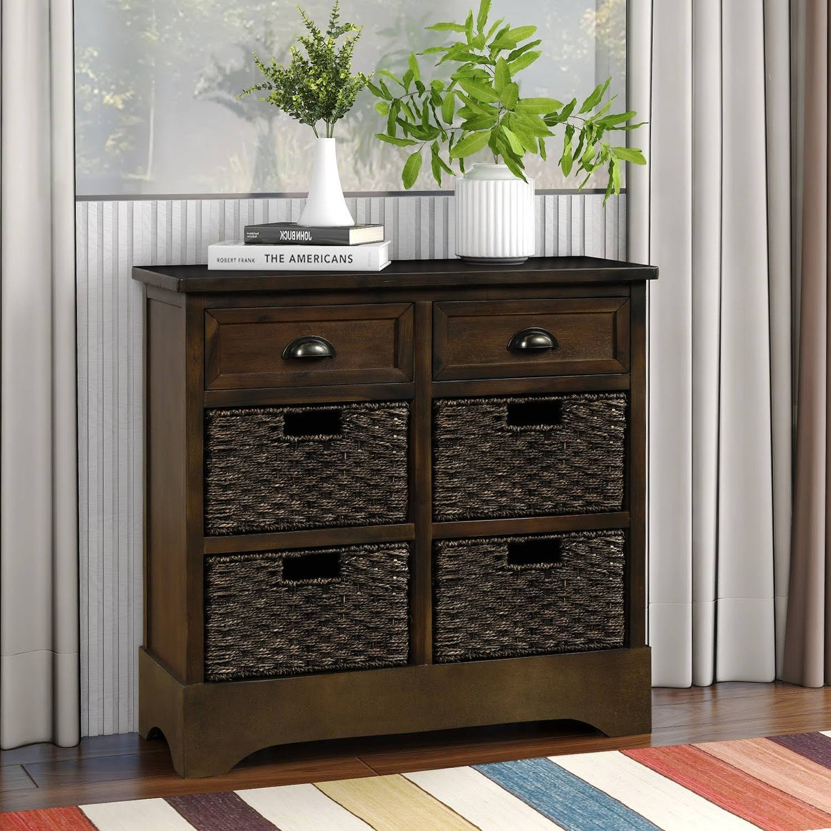 Rustic Storage Cabinet with 2 Drawers and 4 Fabric Basket N849955