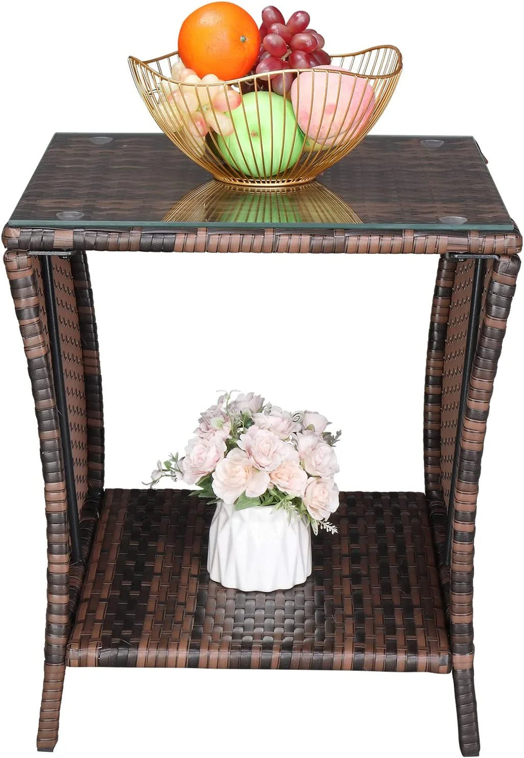 Rattan Side Table with Glass Top Storage U5741