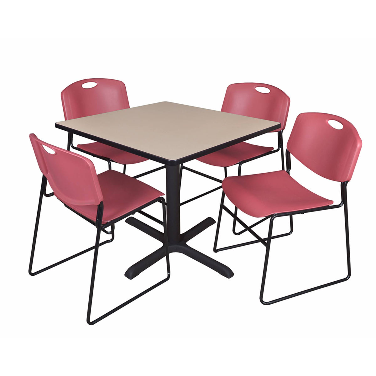 Beige Square Breakroom Table with 4 Black Stack Chairs C7165