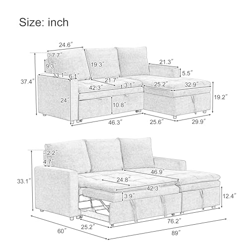 Grey 3 Seat Polyester Modular Sofa with Storage Chaise and Pullout Bed W443449