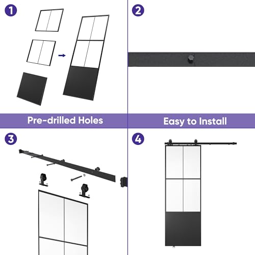 Black 3-Panel Frosted Tempered Glass Sliding Barn Door W56496
