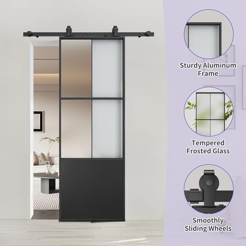 Black 3-Panel Frosted Tempered Glass Sliding Barn Door W56496