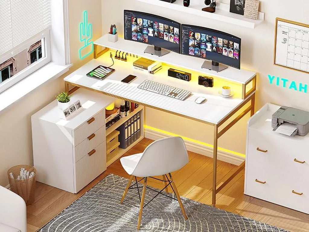 L Shaped Desk with Drawers 55 Inch White & Gold M13066