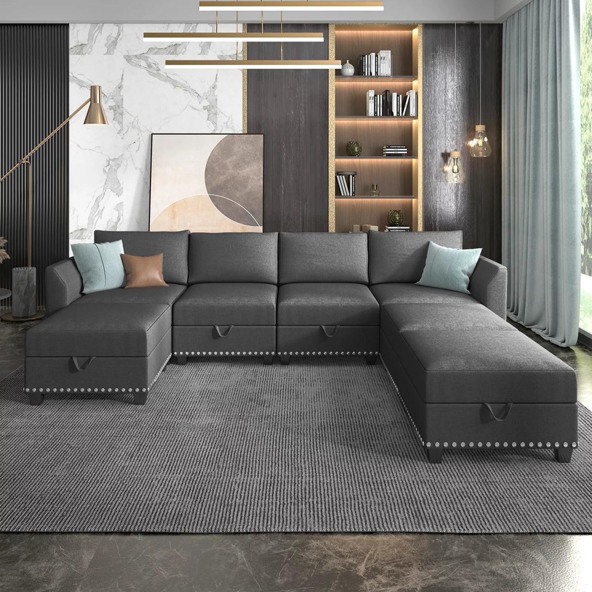 U Shaped 7 Seater Sleeper Sectional Sofa with Storage Q806758