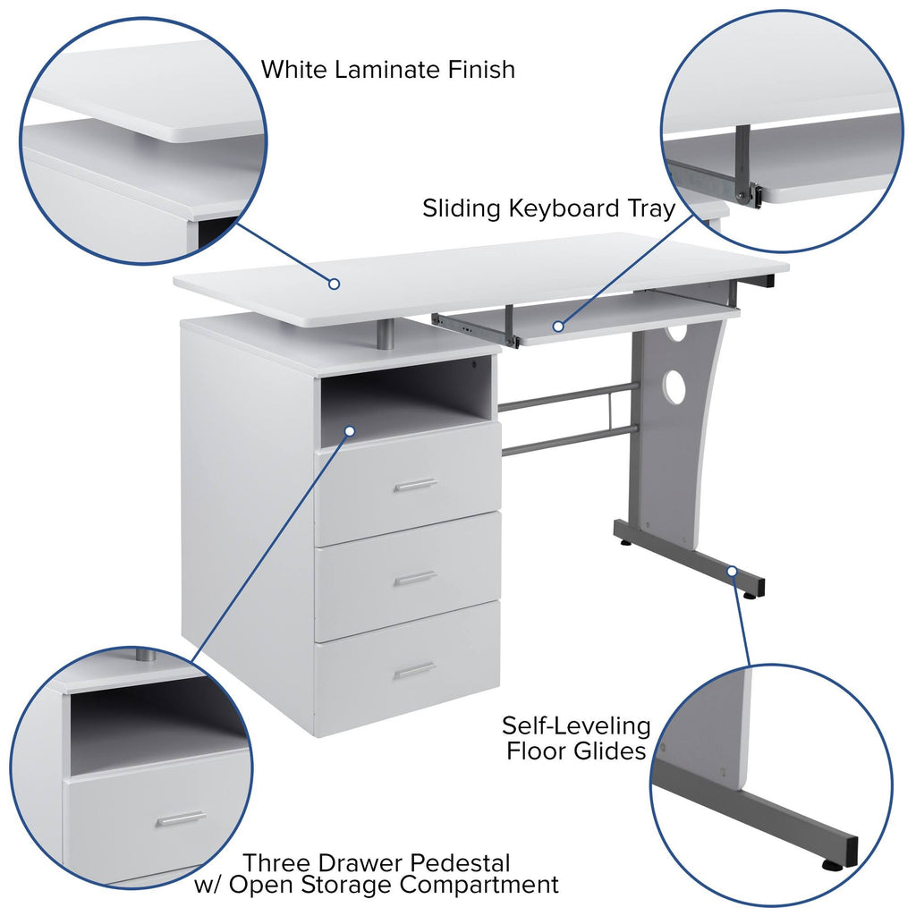 White Desk with Three Drawer and Pull-Out Keyboard Tray D245