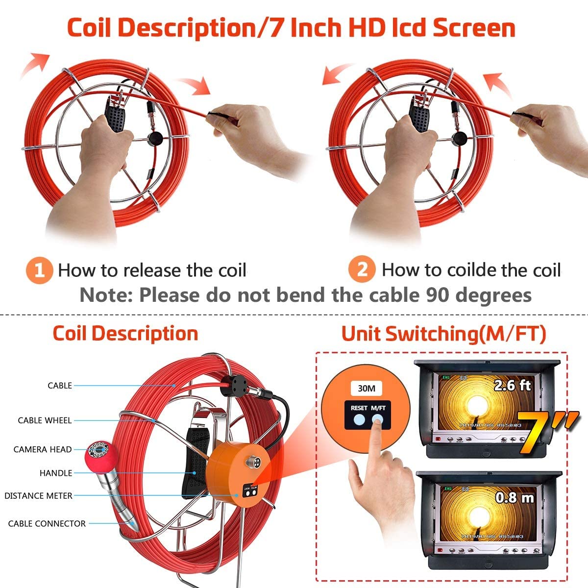 100ft Sewer Camera with Distance Counter DVR 7 inch LCD Monitor IP68 H708
