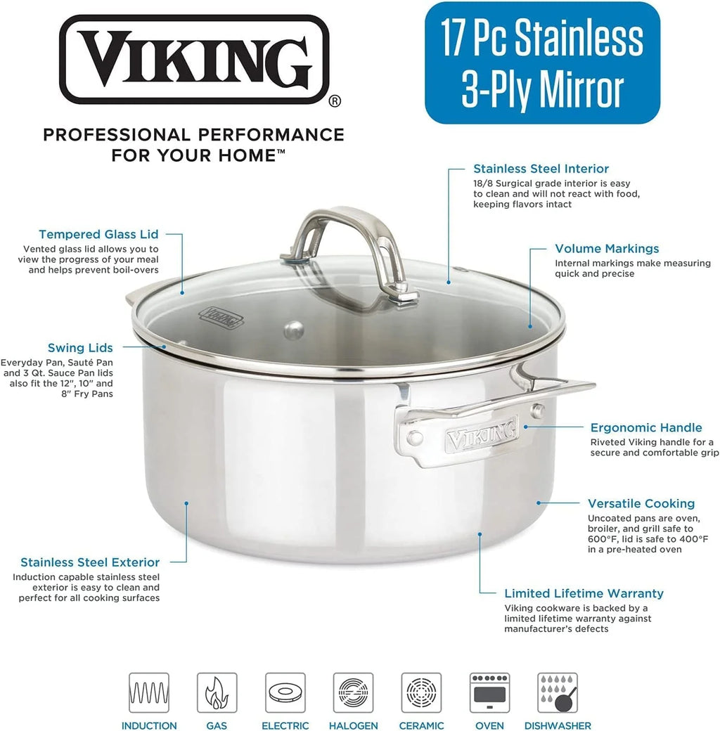 17pc Stainless Steel Cookware Set with Glass Lids L4628