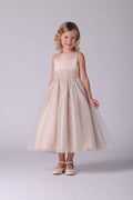 Champagne Beaded Sash Organza Dress S917