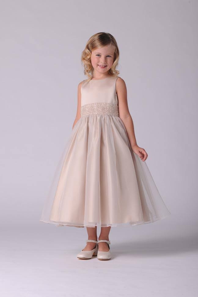 Champagne Beaded Sash Organza Dress S917