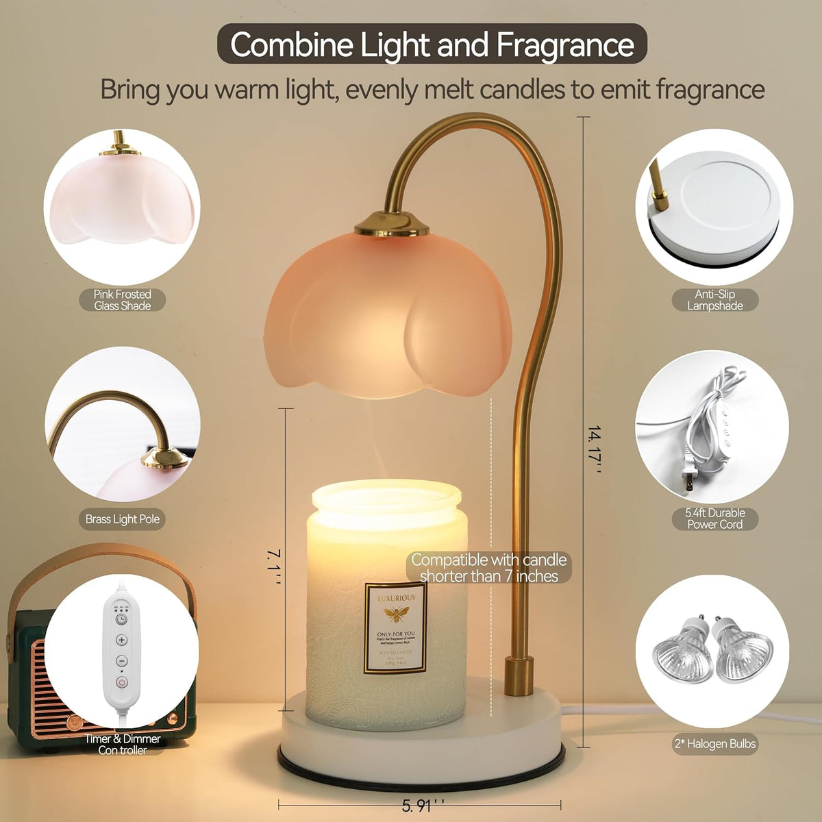 Candle Warmer Lamp with Timer & Dimmer, Electric for Large Jar Candles, 3 Wick Candle, with 2 Bulbs P110