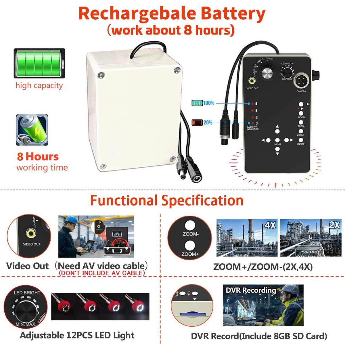 100ft Sewer Camera with Distance Counter DVR 7 inch LCD Monitor IP68 H708