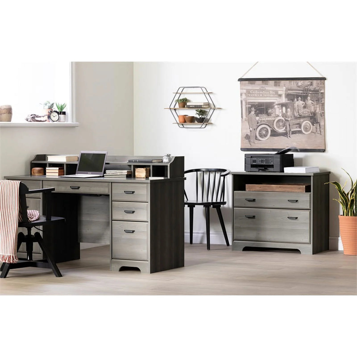 Gray Maple Desk with Hutch and 2-Drawer File Cabinet Set L68705