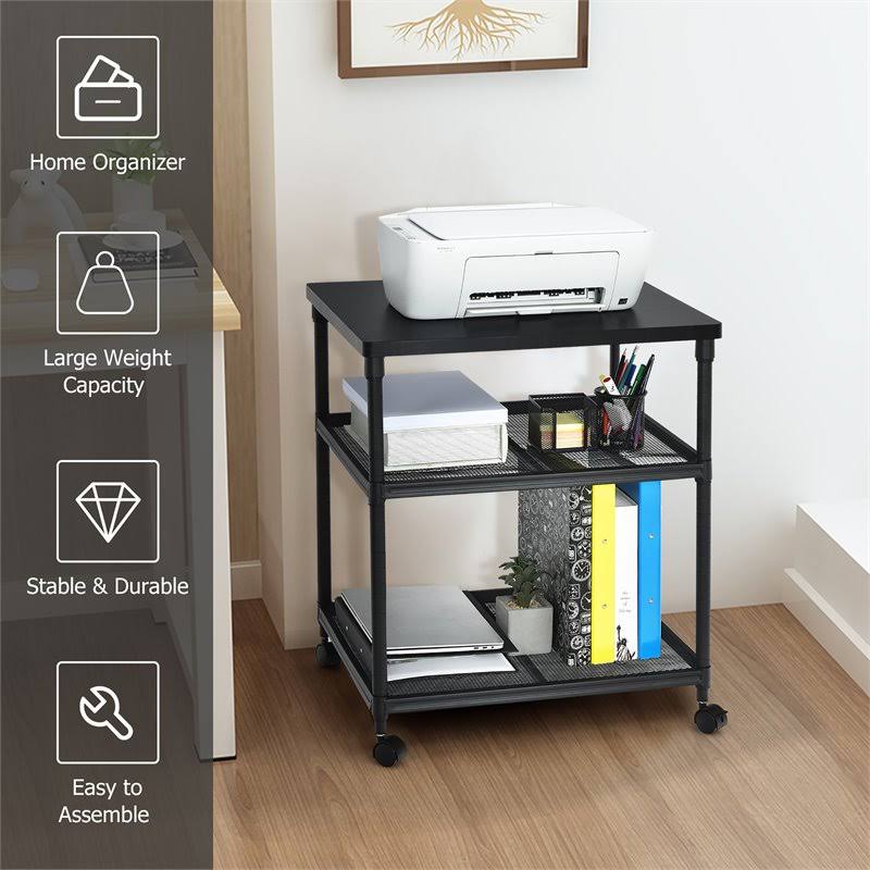 3-Tier Printer Stand Rolling Cart with Adjustable Shelf and Swivel Wheel Black T6999