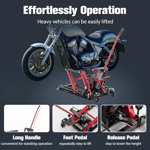 Red Hydraulic Motorcycle Lift Jack 1500 LBS Capacity, Foot-Operated Scissor Lift Table, Adjustable Height S6085