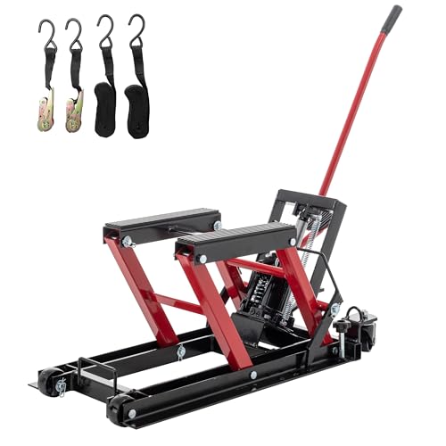 Red Hydraulic Motorcycle Lift Jack 1500 LBS Capacity, Foot-Operated Scissor Lift Table, Adjustable Height S6085