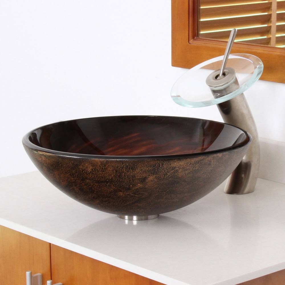 Brown Glass Vessel Sink and Waterfall Faucet O855818