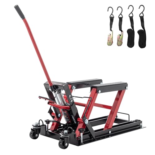Red Hydraulic Motorcycle Lift Jack 1500 LBS Capacity, Foot-Operated Scissor Lift Table, Adjustable Height S6085