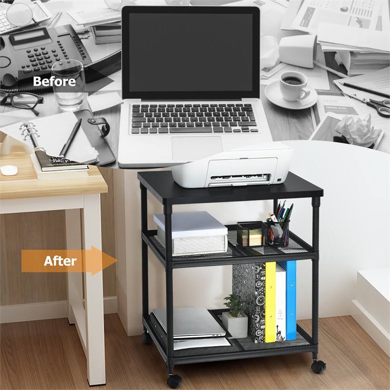 3-Tier Printer Stand Rolling Cart with Adjustable Shelf and Swivel Wheel Black T6999